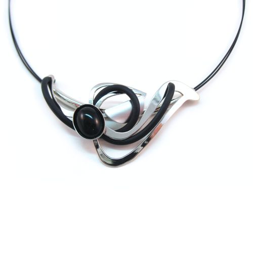 Shiny Silver and Black Rubber Swirly Necklace